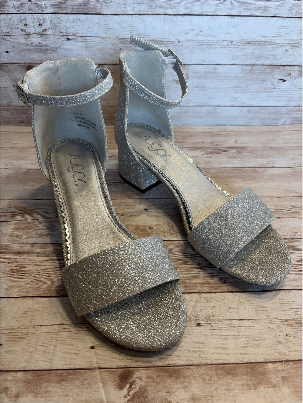 Sugar Noelle Silver Glitter Block Heels 6-1/2 W